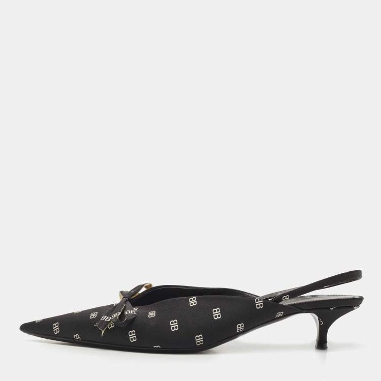 Balenciaga Black BB Logo Print Satin Bow Knife Slingback Pumps Size 39