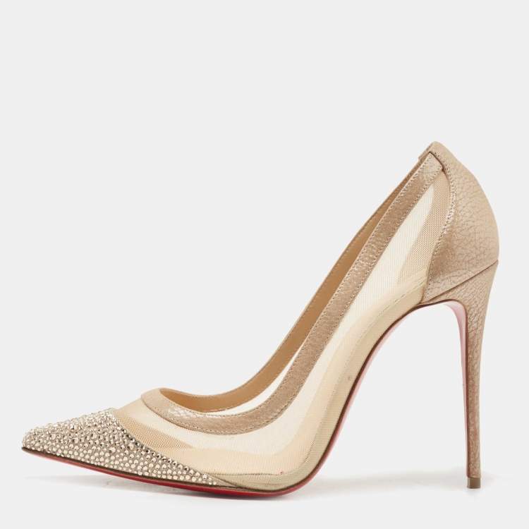 Christian Louboutin Beige Nubuck Leather And Mesh Crystal Embellished