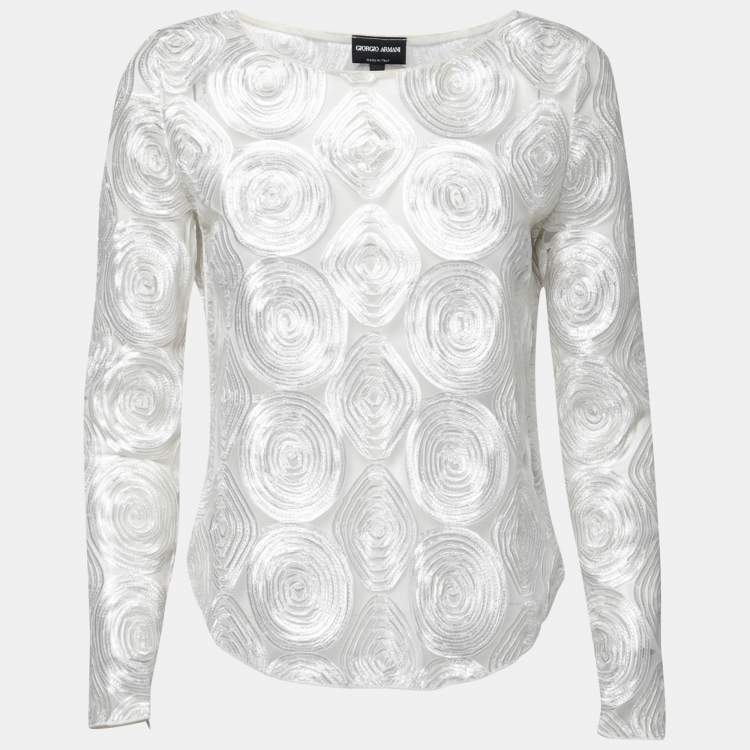 Giorgio Armani White Embroidered Tulle Long Sleeve Top M Giorgio Armani