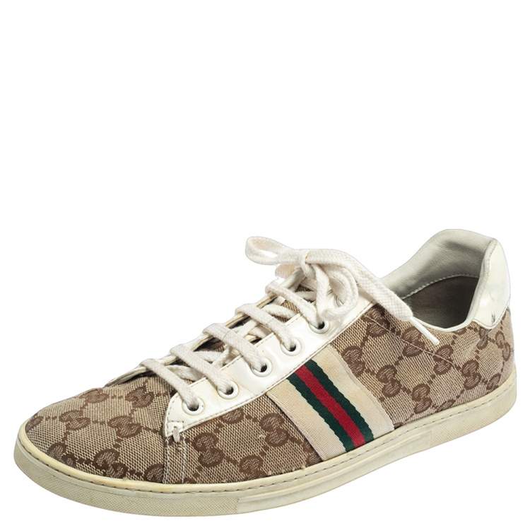 Gucci Gg Canvas And White Patent Leather Web Low Top Sneakers Size