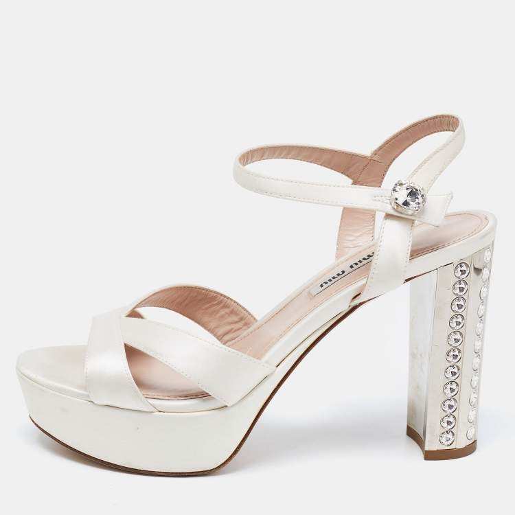 Miu Miu White Satin Crystal Embellished Block Heel Ankle Strap Platform