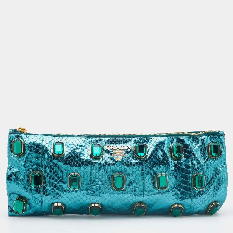 Prada Metallic Blue Watersnake Leather Crystal Embellished Clutch Prada