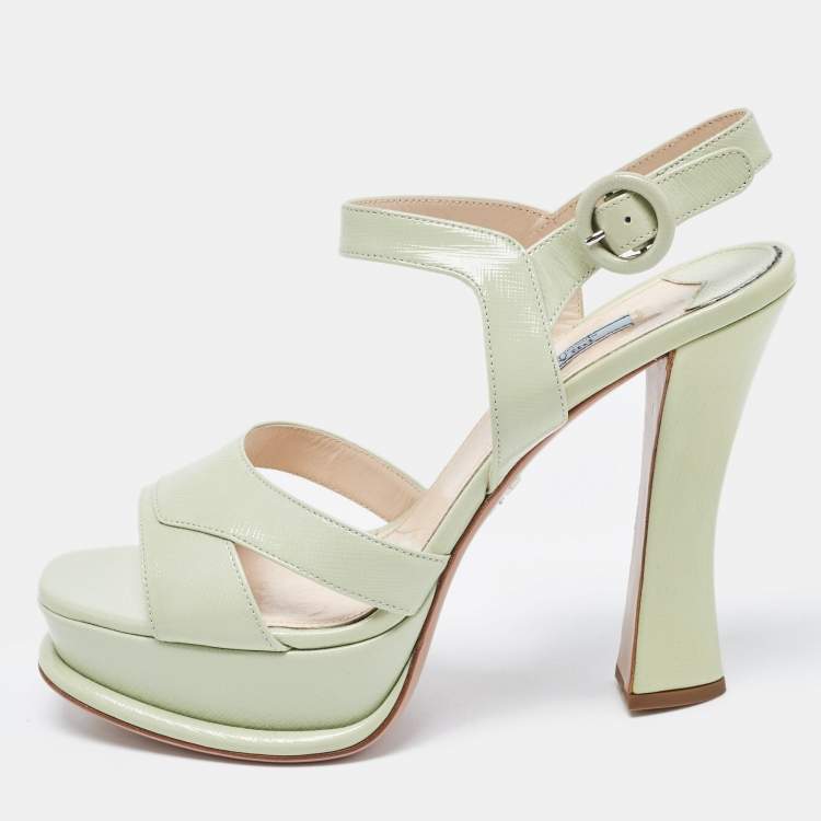 Prada Mint Green Saffiano Leather Platform Ankle Strap Sandals Size