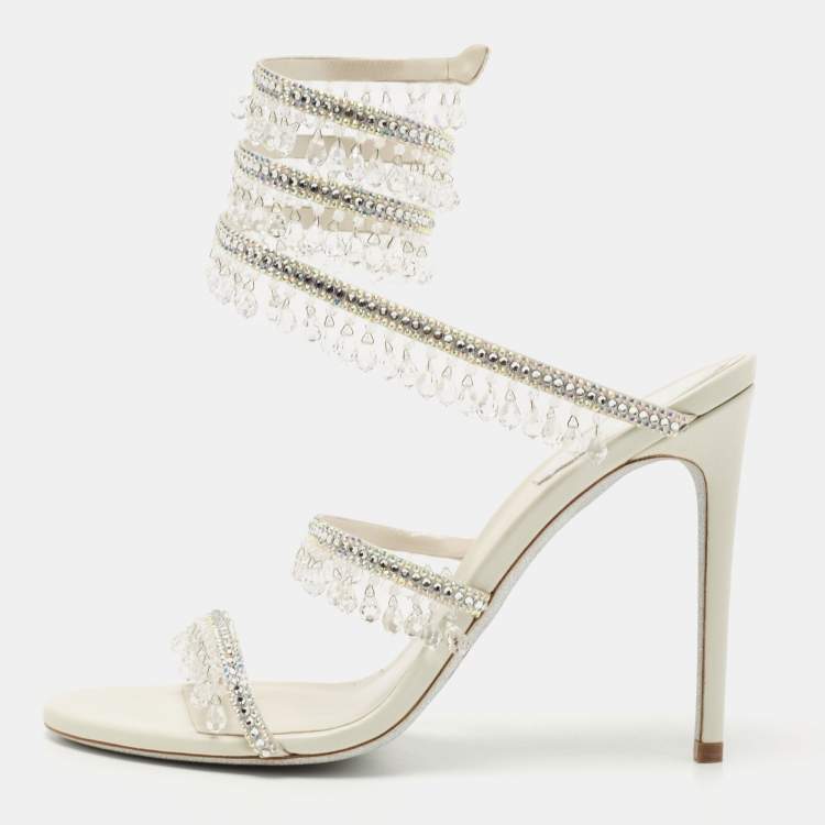 Rene Caovilla White Leather Crystal Embellished Chandelier Ankle Wrap