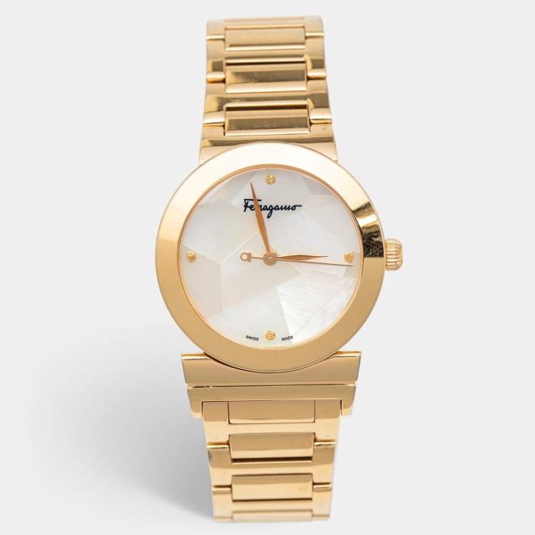 Salvatore Ferragamo Mother Of Pearl Gold Plated Stainless Steel Grande