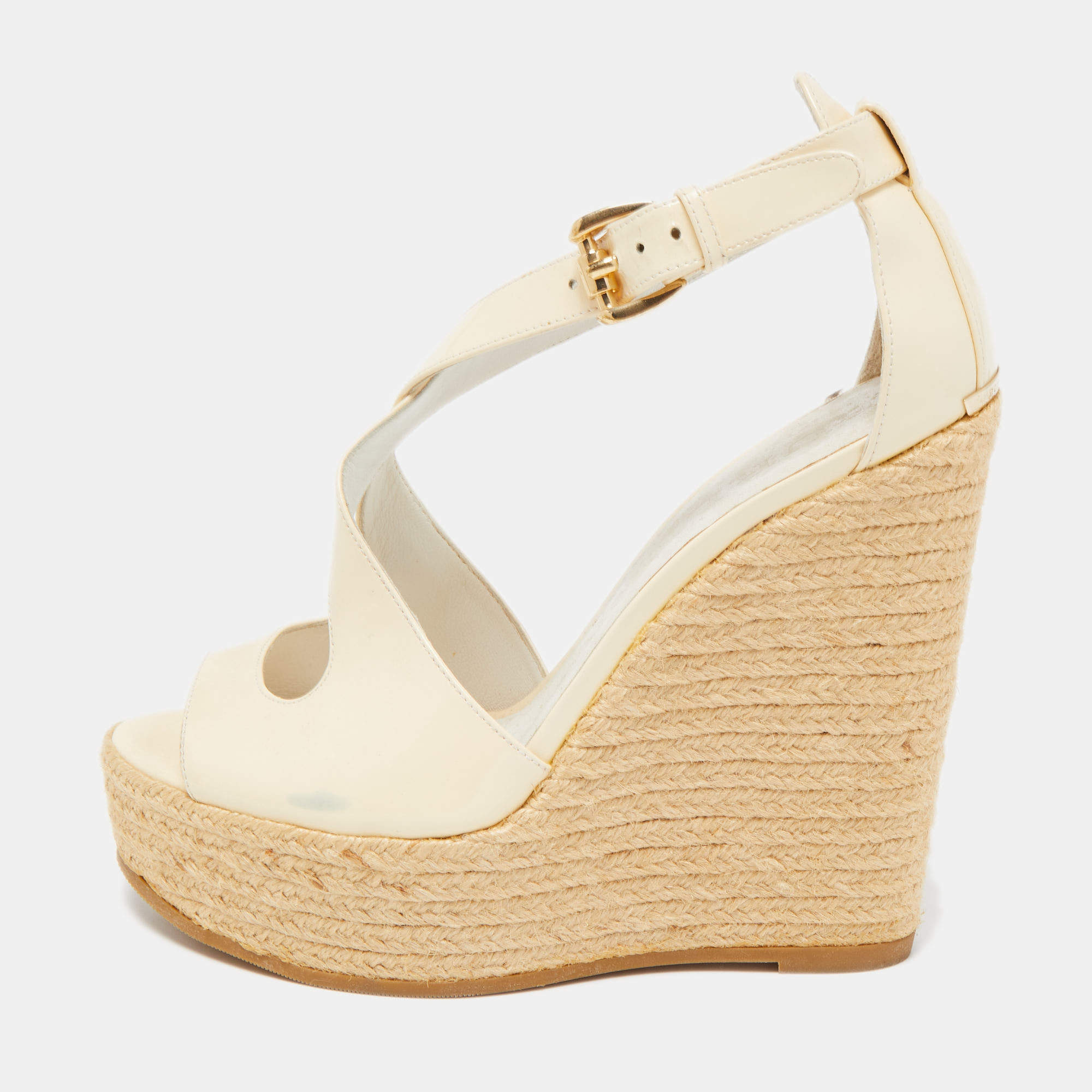 Burberry Cream Patent Peep Toe Wedge Espadrilles Sandals Size 36 5