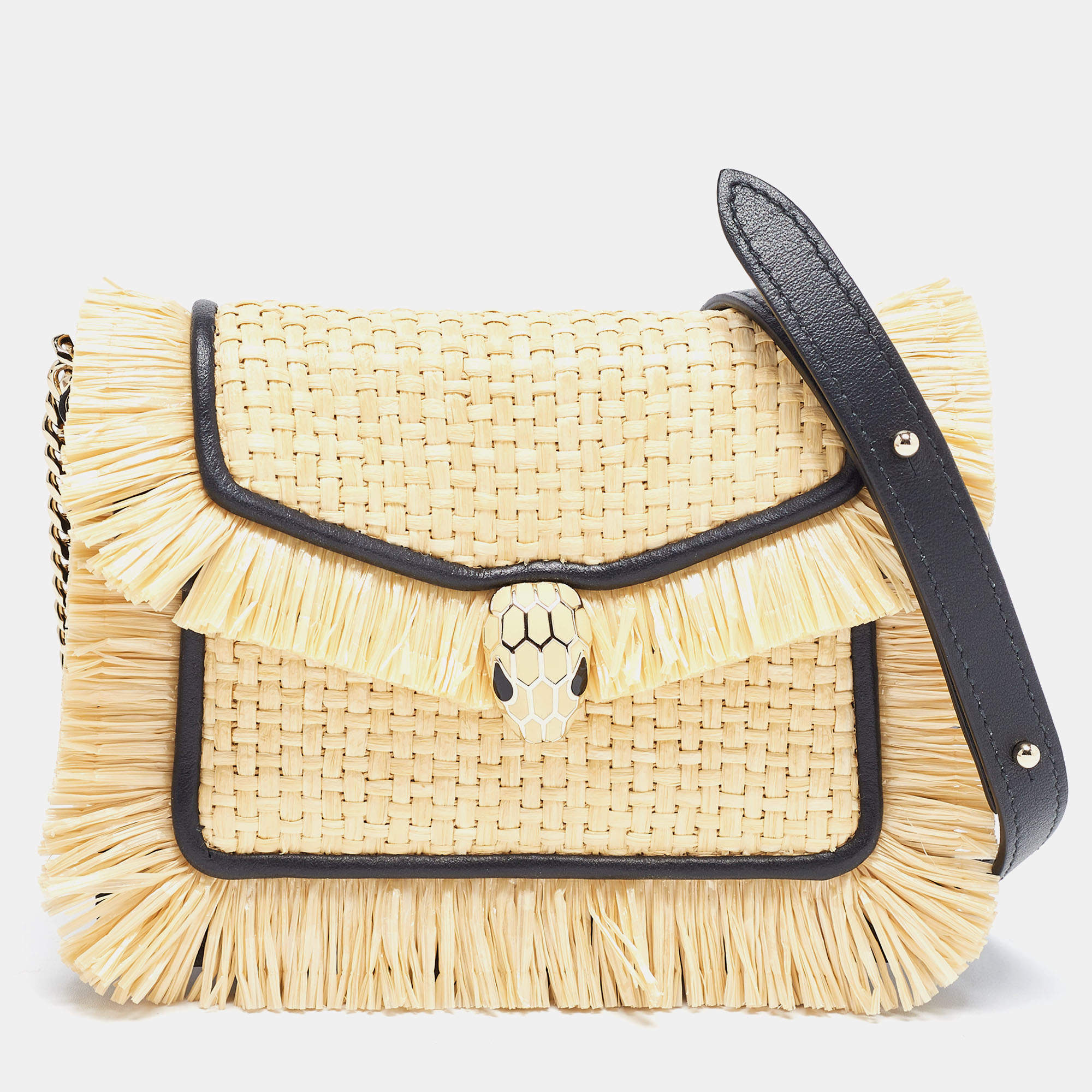 Bvlgari Cream Black Raffia And Leather Mini Serpenti Forever Crossbody