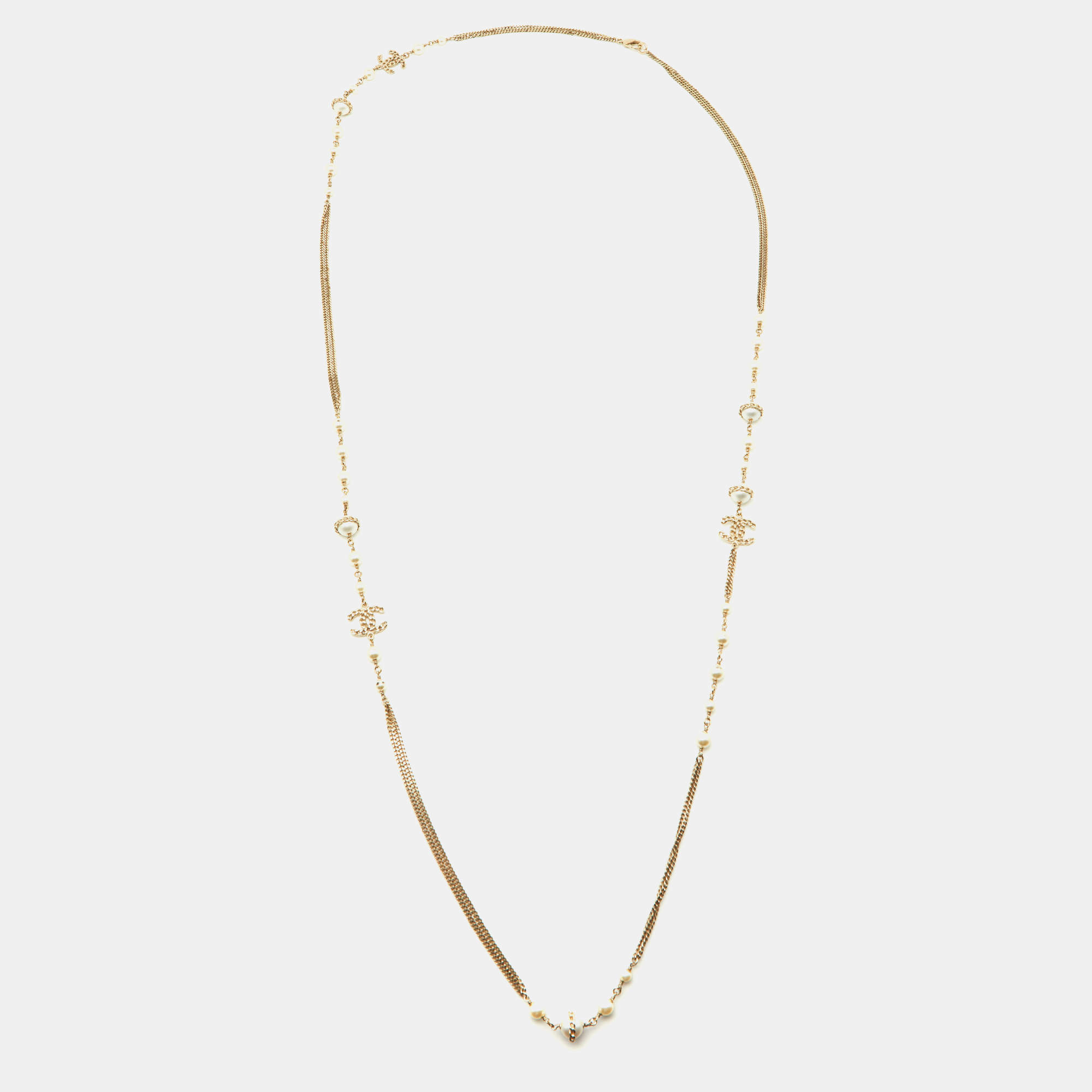 Chanel Cc Faux Pearl Gold Tone Chain Link Long Station Necklace Chanel