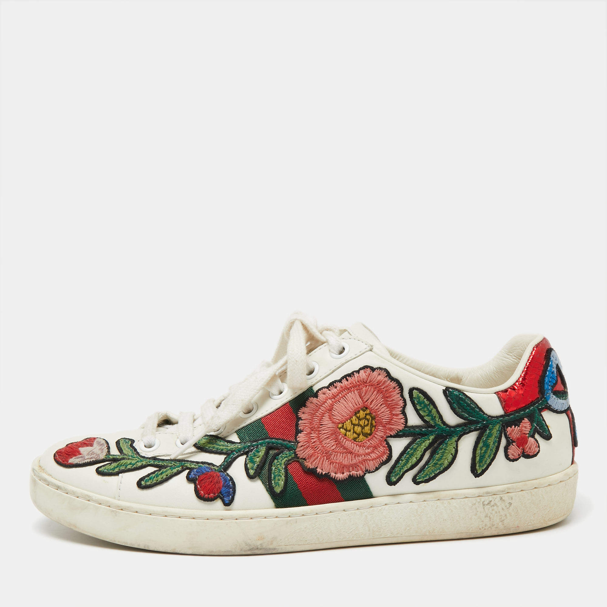 Gucci White Floral Embroidered Leather Ace Low Top Sneakers Size