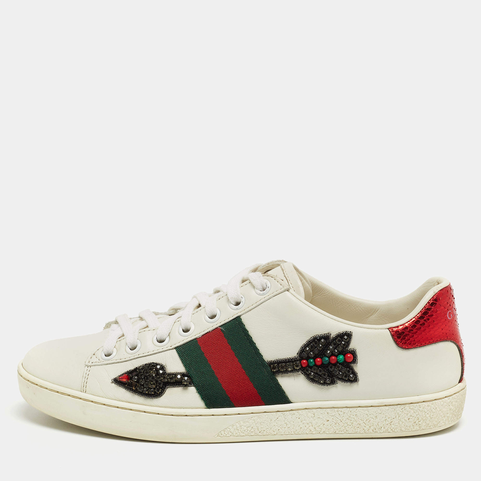 Gucci White Leather Embellished Ace Low Top Sneakers Size 36 Gucci