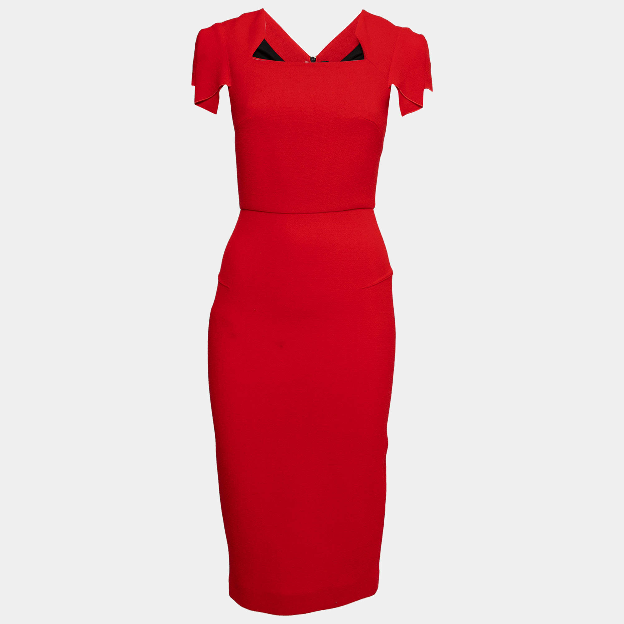 Roland Mouret Red Textured Wool Royston Cap Sleeve Dress M Roland