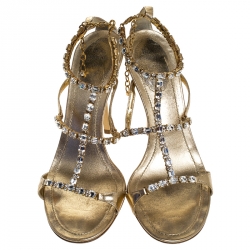 Rene Caovilla Metallic Gold Crystal Embellished Strappy Sandals Size