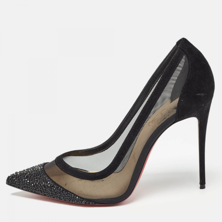 Christian Louboutin Black Mesh And Suede Galativi Strass Pumps Size