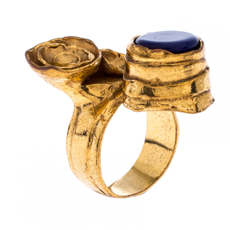 Saint Laurent Paris Arty Flower Blue Resin Gold Tone Ring Size 54 5