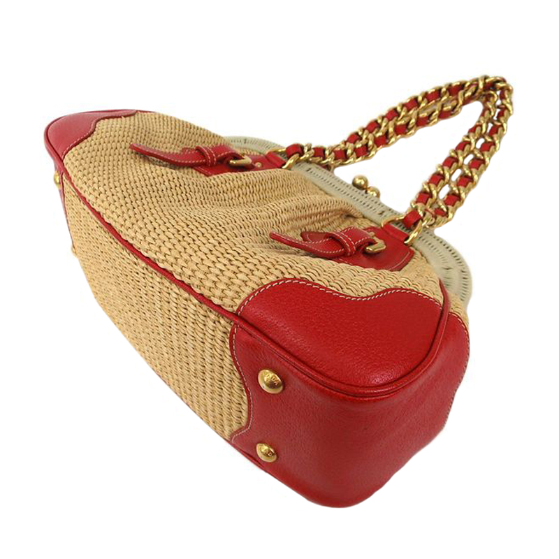 prada mini saffiano lux tote bag - LC - Buy \u0026amp; Sell - Prada Red / Beige Woven Straw and Leather ...