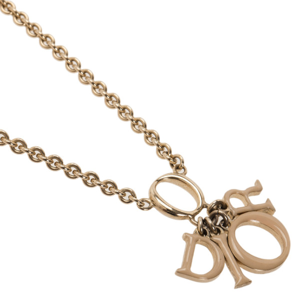 LC Buy & Sell Dior Letters Charm Beige Enamel Gold Tone Necklace