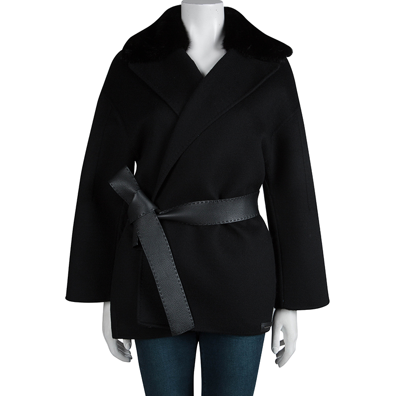 

Fendi Black Cashmere Leather Belted Coat with Fur Collar