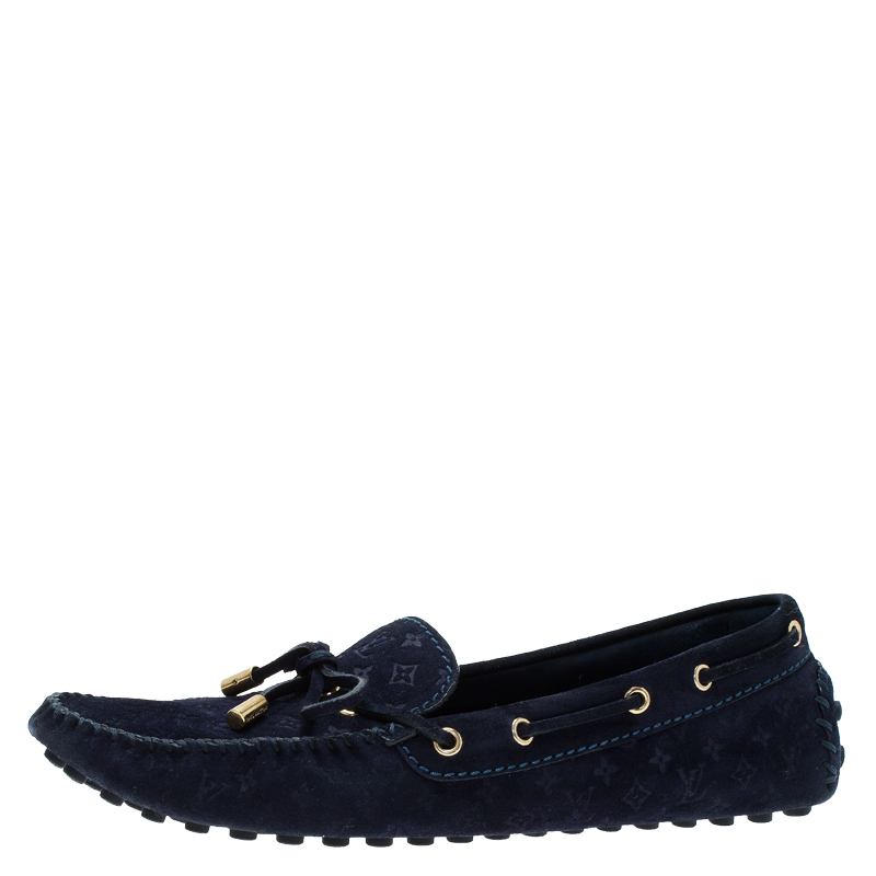 Louis Vuitton Navy Blue Monogram Embossed Suede Gloria Loafers Size 39 - Buy & Sell - LC