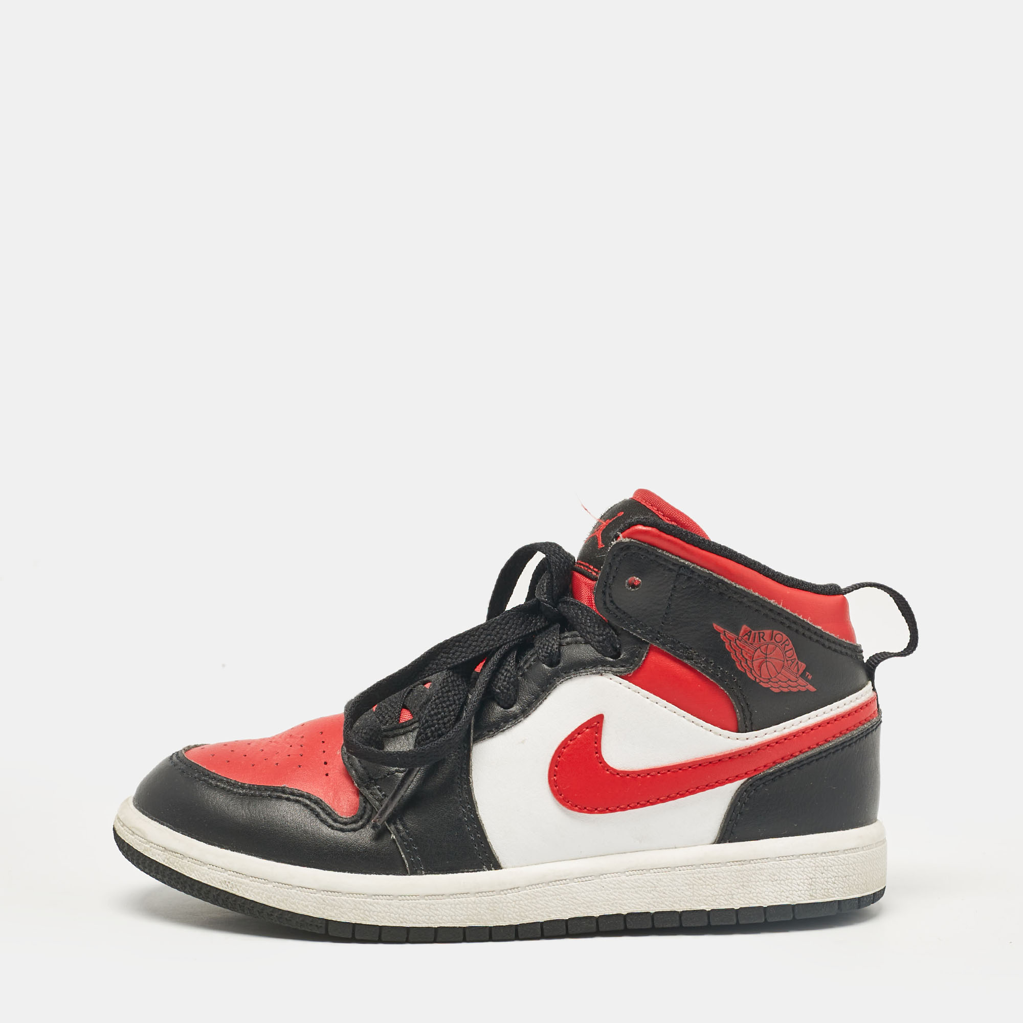 Air Jordans Tricolor Leather Jordan 1 Mid PS Black Fire Red Sneakers Size 31 (kids)