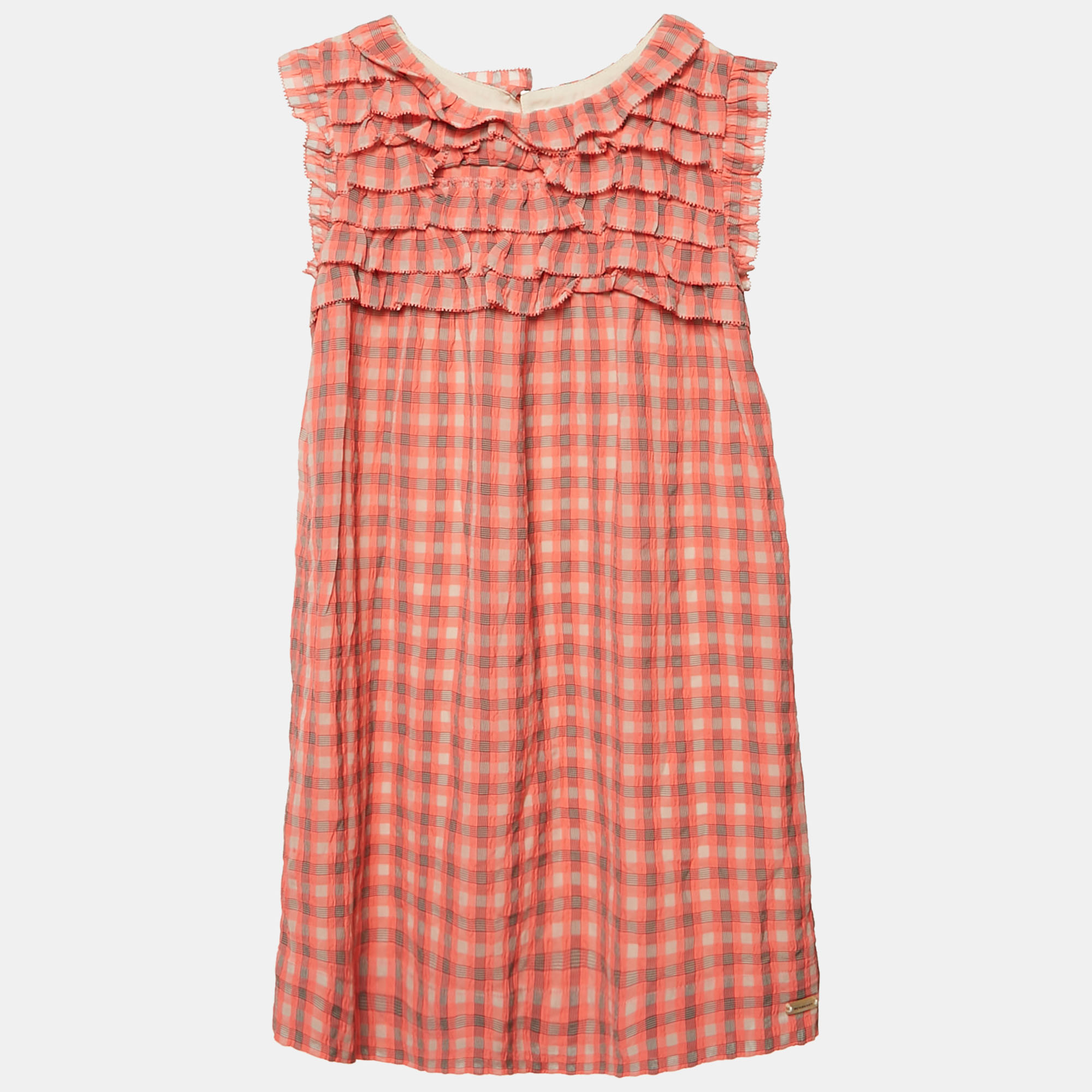 Burberry Kids Pink Checks Crepe Ruffled A-Line Dress 8 Yrs