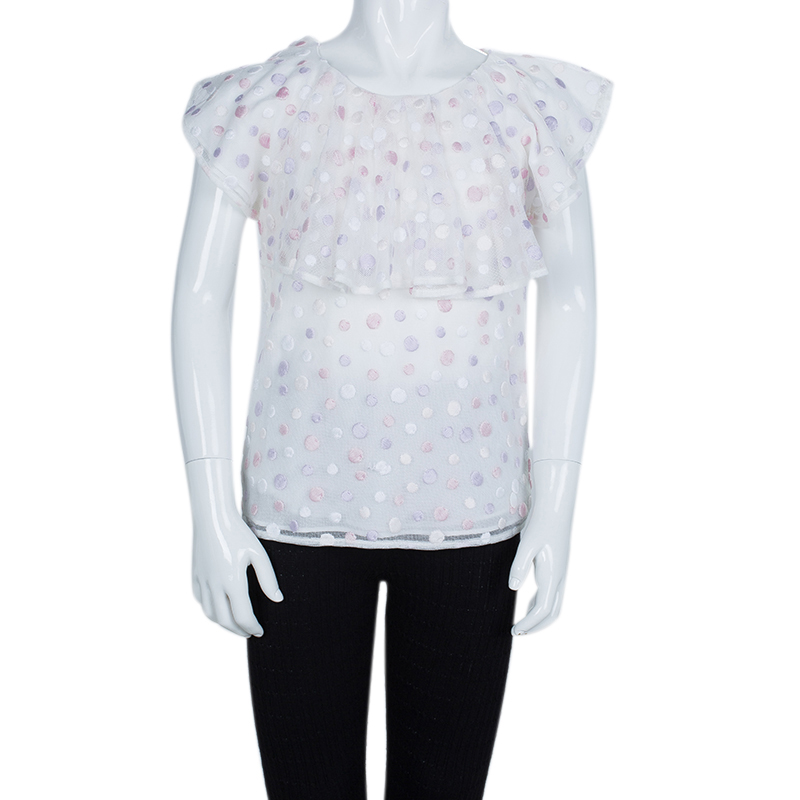 Dior White Mesh Multicolor Polka-Dot Embroidered Top 10 Yrs