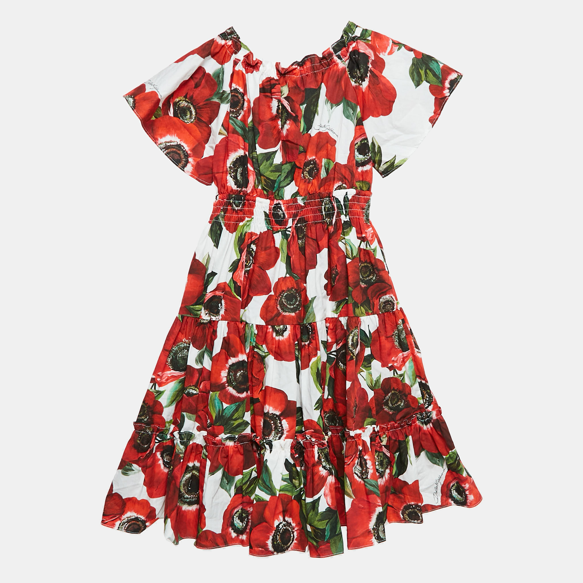 Dolce & Gabbana Red Floral Print Poplin Tiered Dress 24-30 M