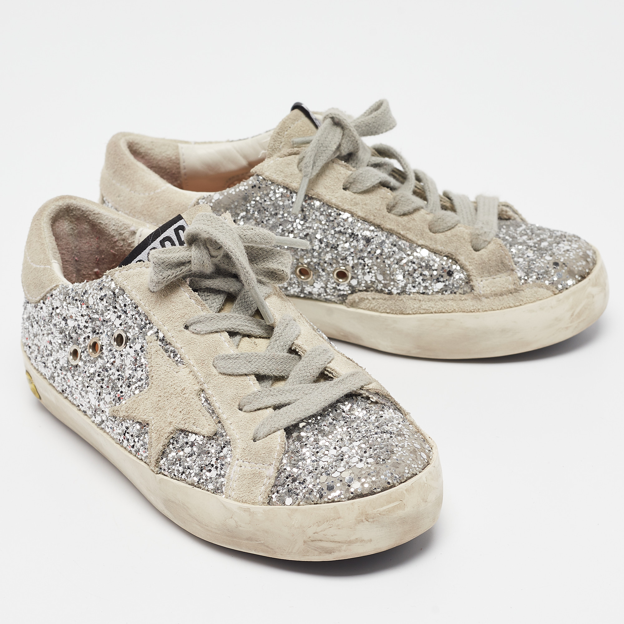 Golden Goose Silver/Grey Glitter And Suede Hi Star Low-Top Sneakers Size 30