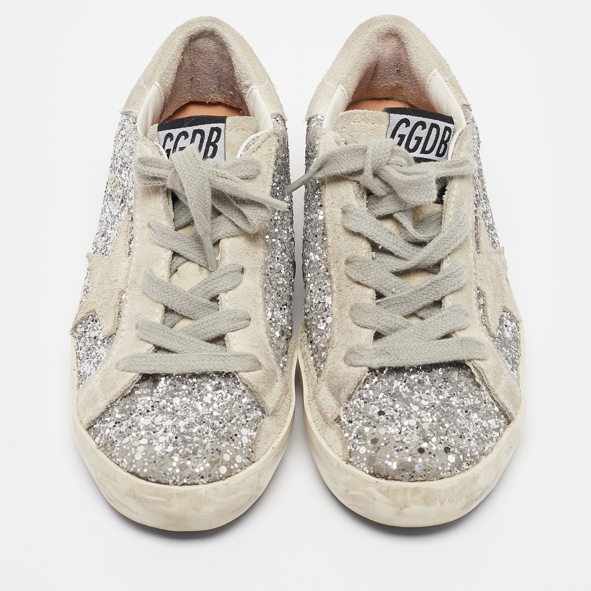 Golden Goose Silver/Grey Glitter And Suede Hi Star Low-Top Sneakers Size 30