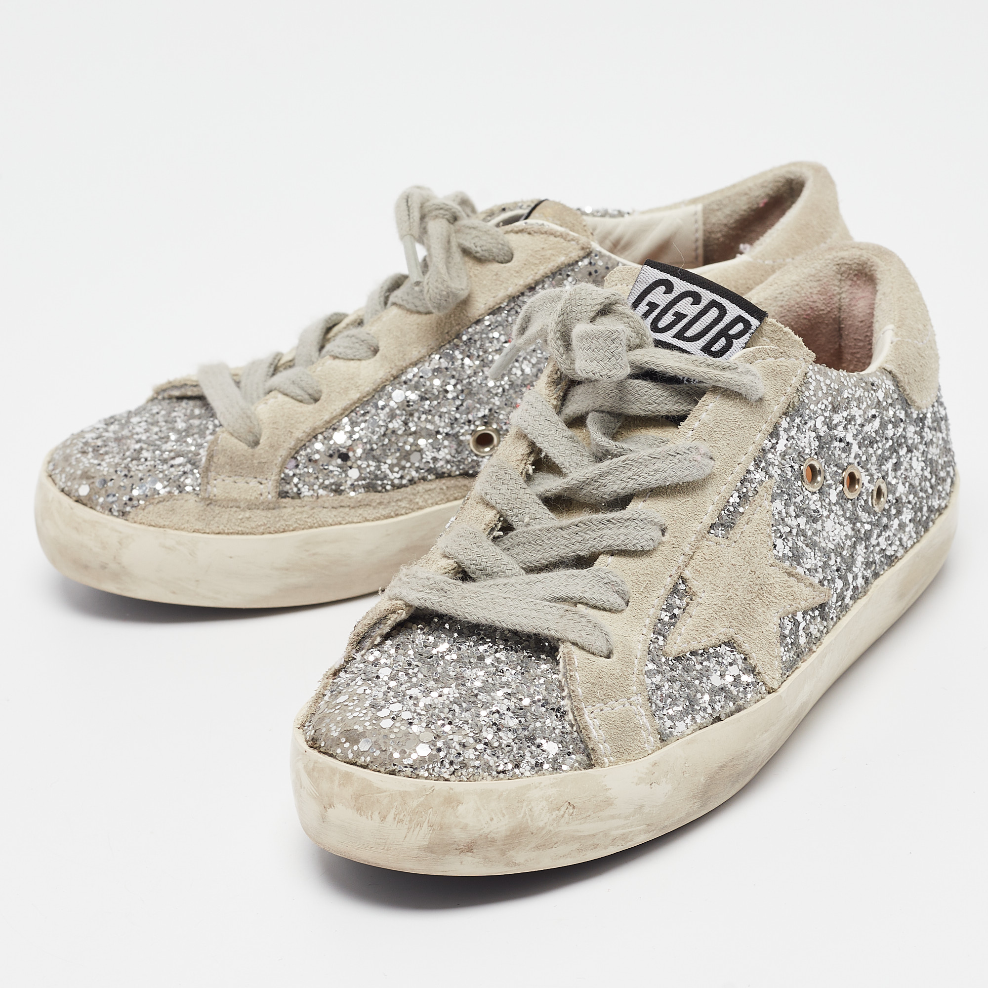 Golden Goose Silver/Grey Glitter And Suede Hi Star Low-Top Sneakers Size 30