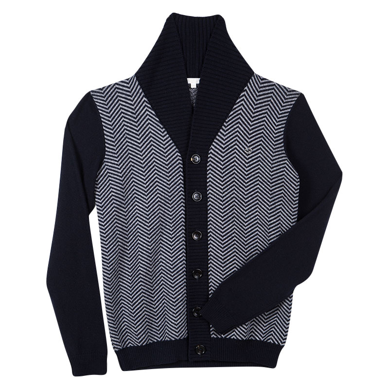 Image of Gucci Navy Blue and Grey Wool Chevron Pattern Knit Button Front Cardigan  Yrs