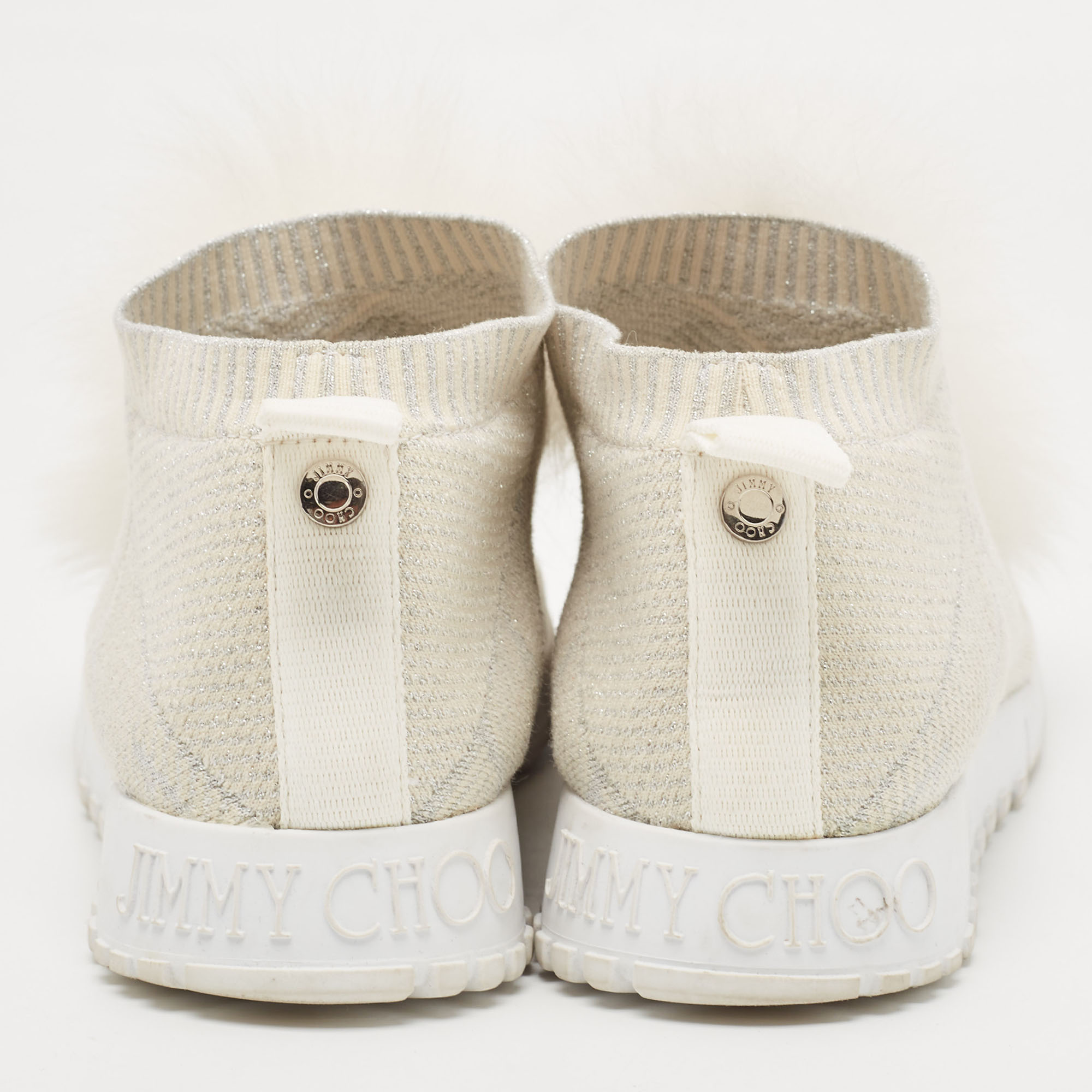 Jimmy Choo White/Silver Knit Fabric And Lurex Norway Pom Pom Sneakers Size 34 (Kids)