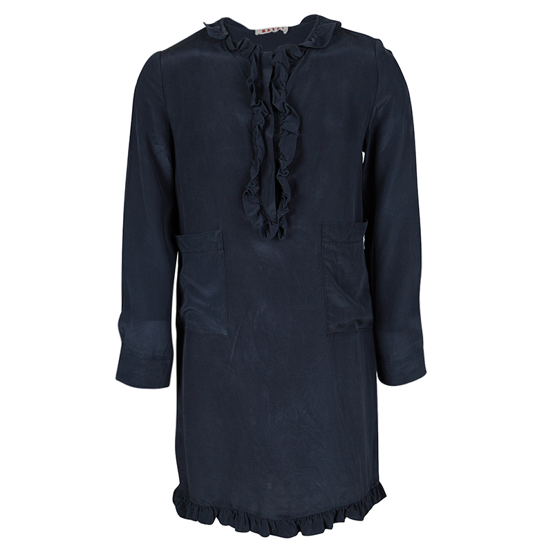 

Marni Navy Blue Silk Ruffle Trim Detail Long Sleeve Dress 6 Yrs