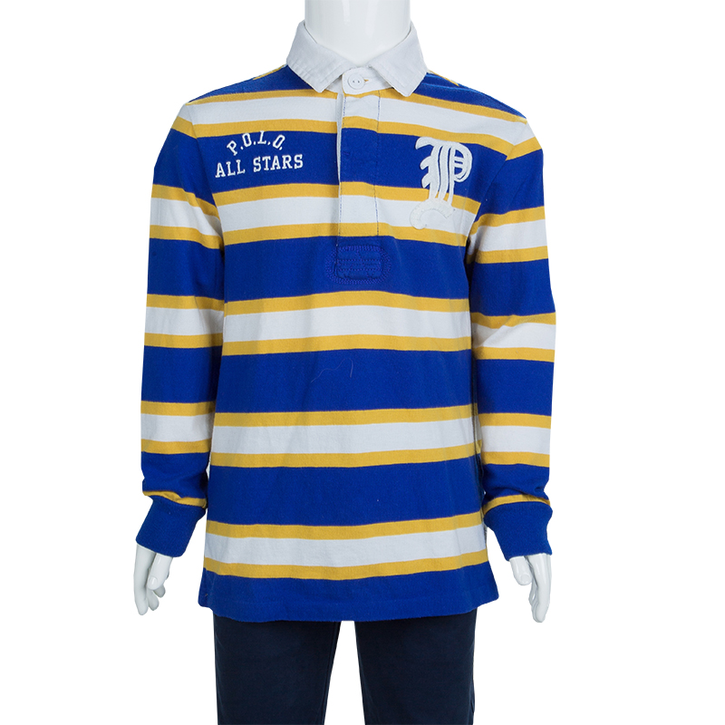 Ralph Lauren Blue And Yellow Striped Long Sleeve Polo T-Shirt 5 Yrs