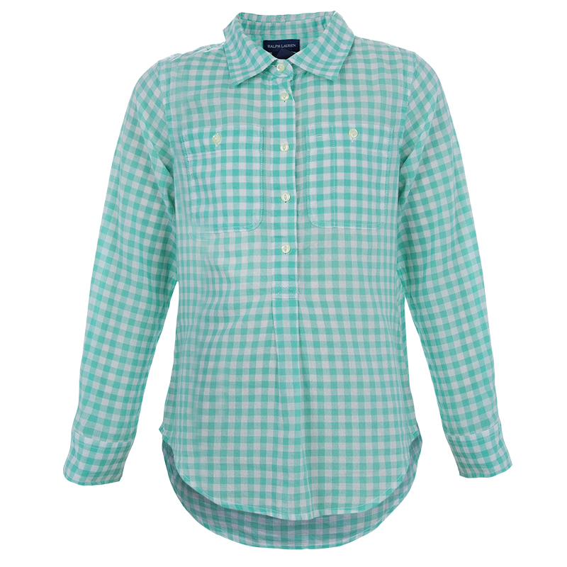 Ralph Lauren White And Green Checked Long Sleeve Button-Down Cotton Shirt 6 Yrs