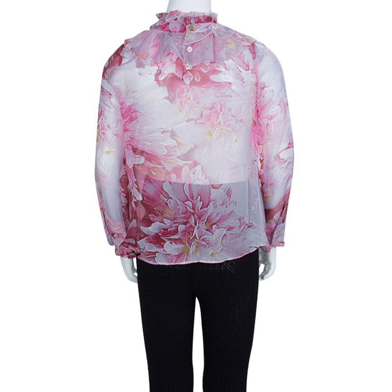 Roberto Cavalli Angels Pink Floral Printed Silk Ruffle Detail Long Sleeve Top 6 Yrs