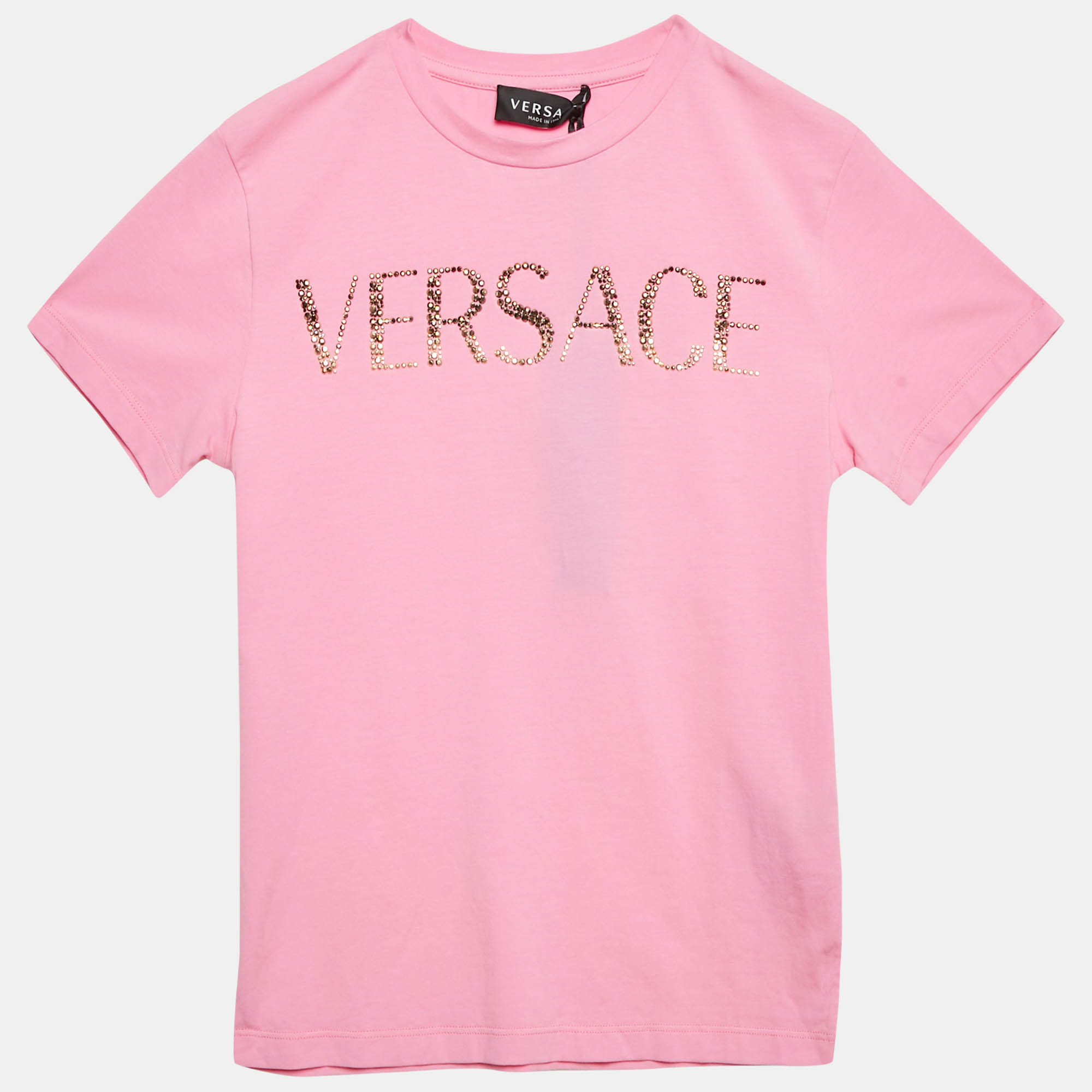 Versace Kids Pink Logo Studded Cotton Crew Neck T-Shirt 10 Yrs