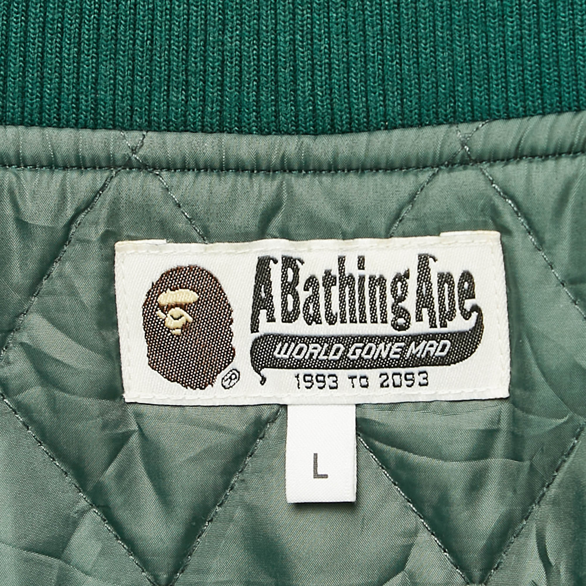 A Bathing Ape Green Nylon Bape Baseball Jacket L