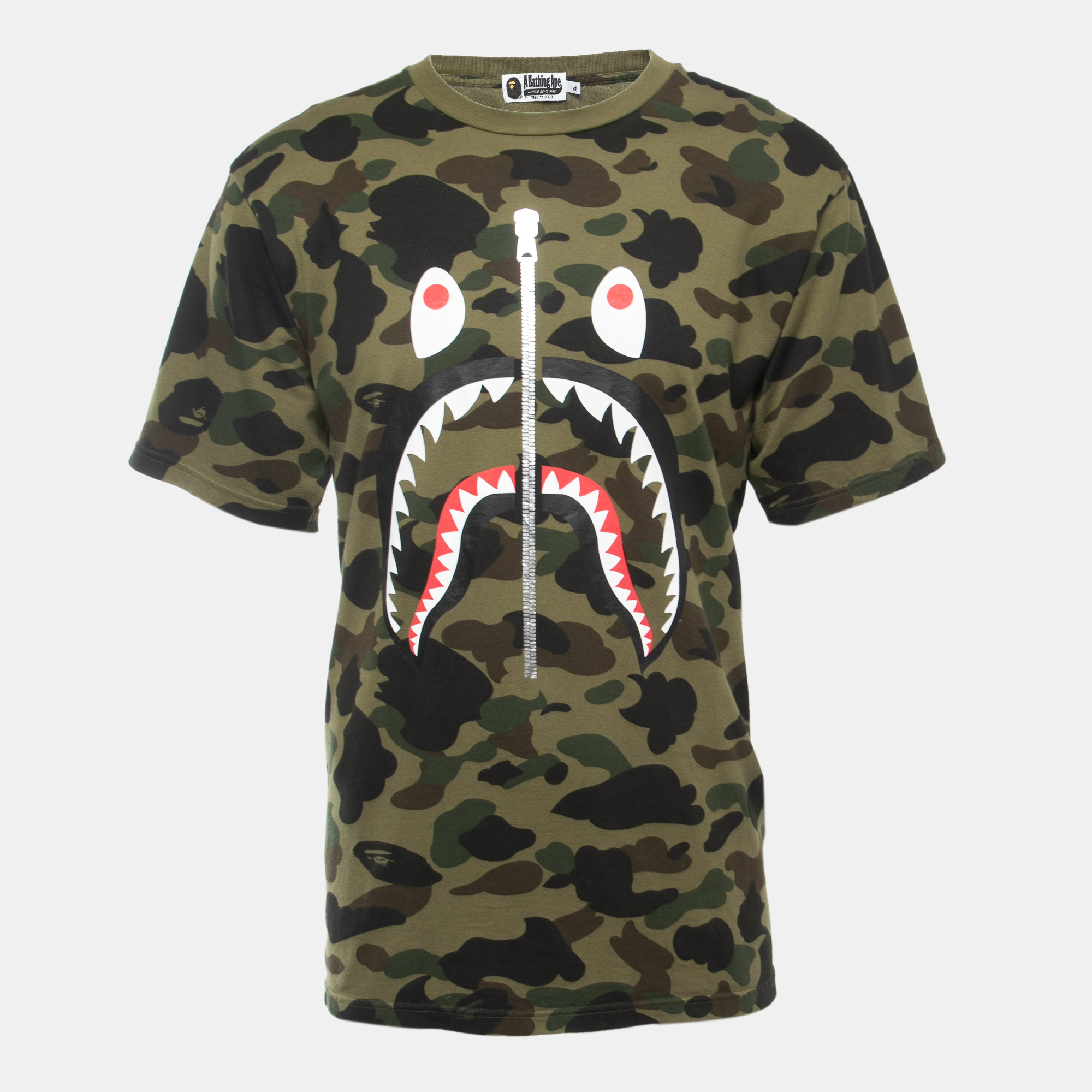 A Bathing Ape Military Green Camo Shark Print Cotton Crew Neck Half Sleeve T-Shirt XL