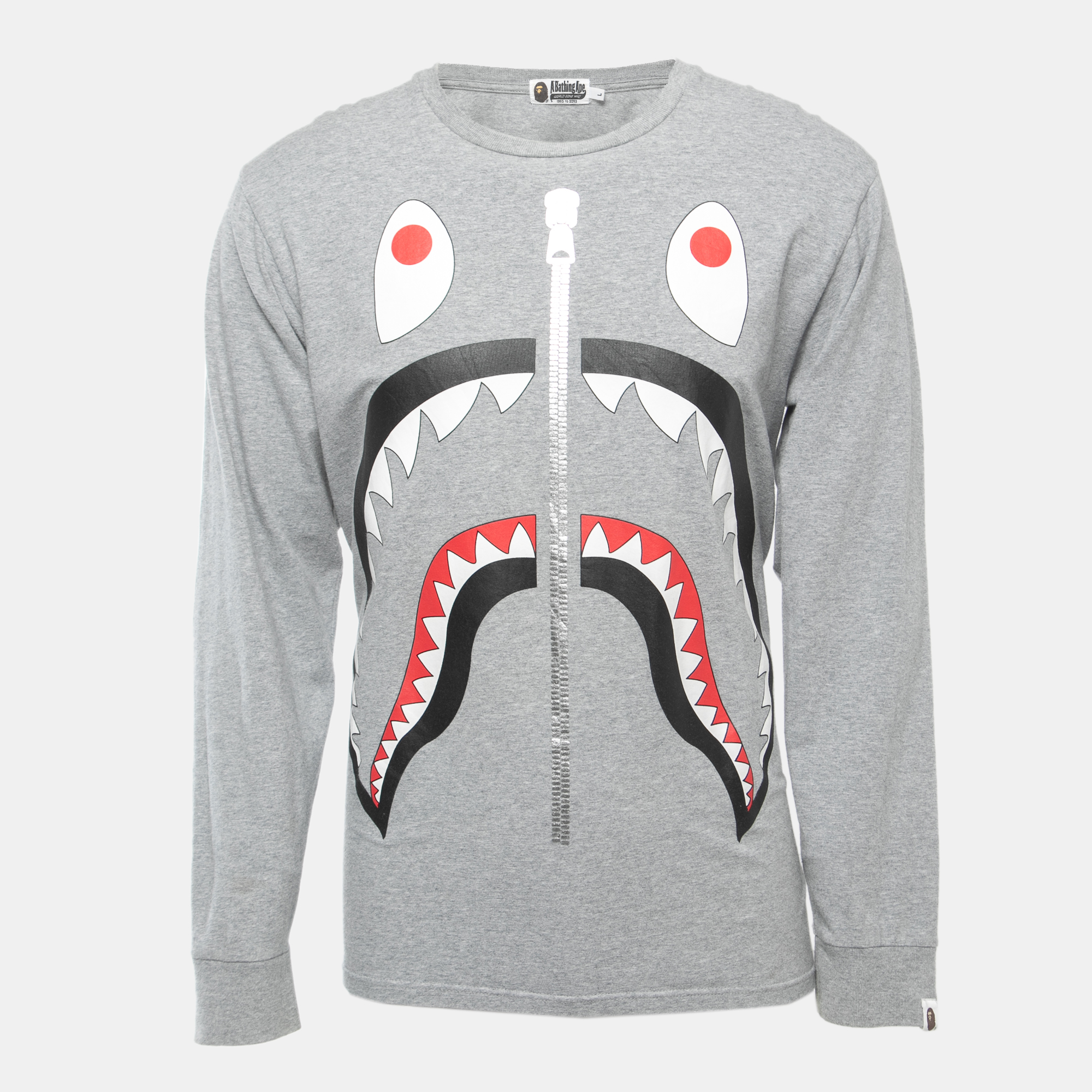 

A Bathing Ape Grey Shark Print Cotton Crew Neck Long Sleeve T-Shirt