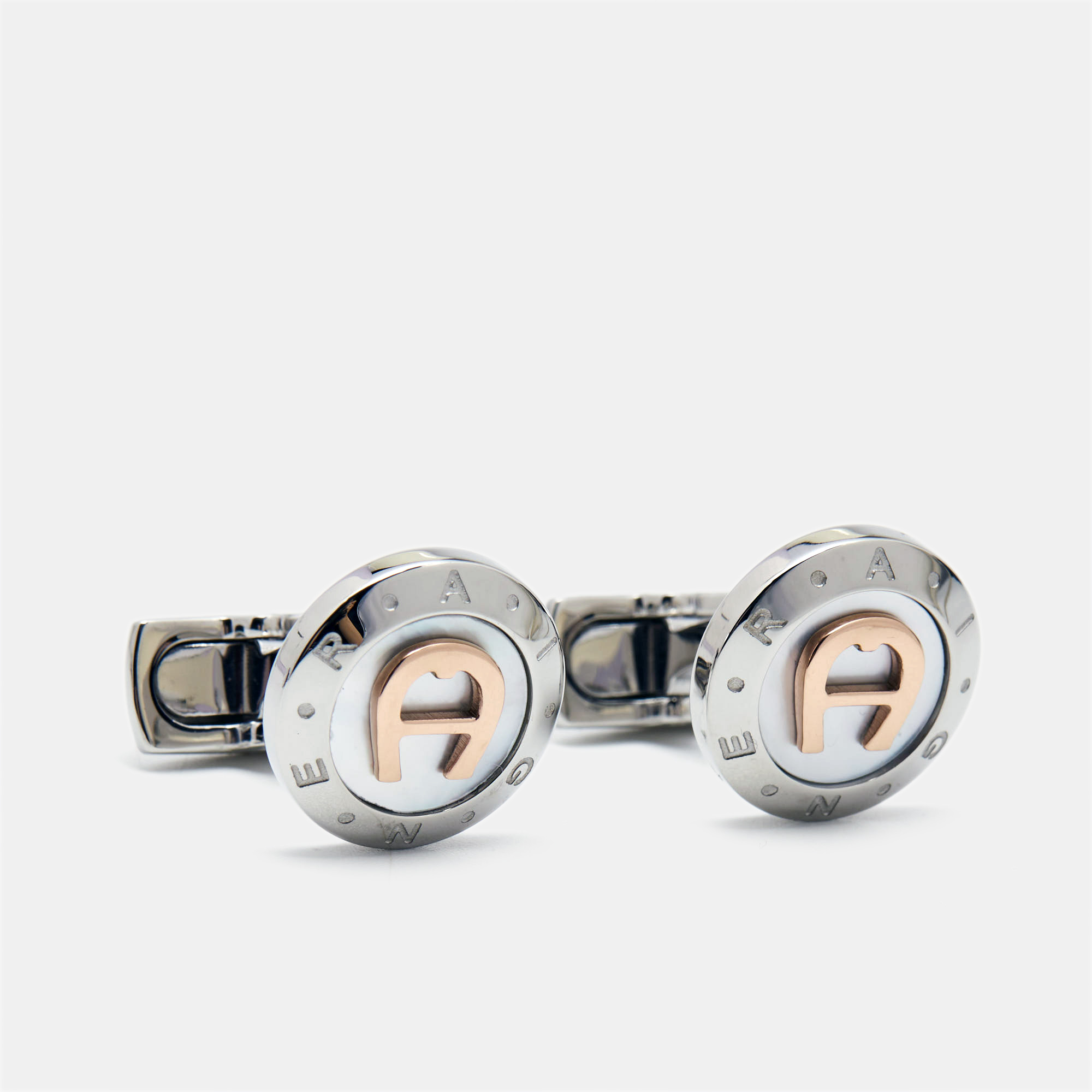 Aigner Mother Of Pearl Two Tone Round Cufflinks