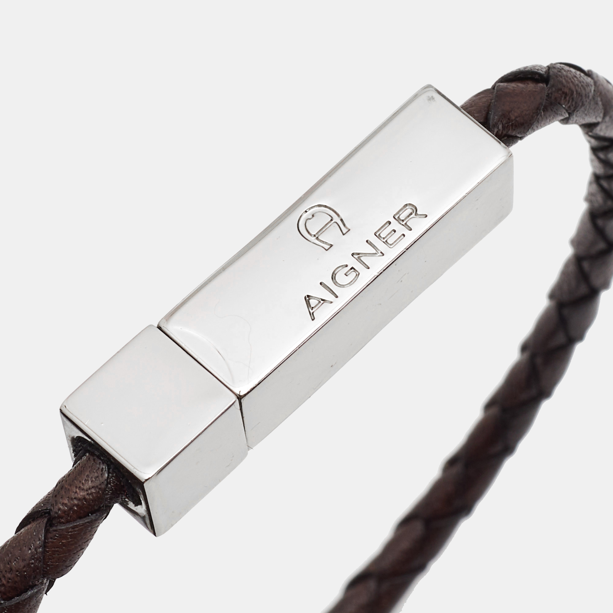 Aigner Braided Leather Silver Tone Bracelet