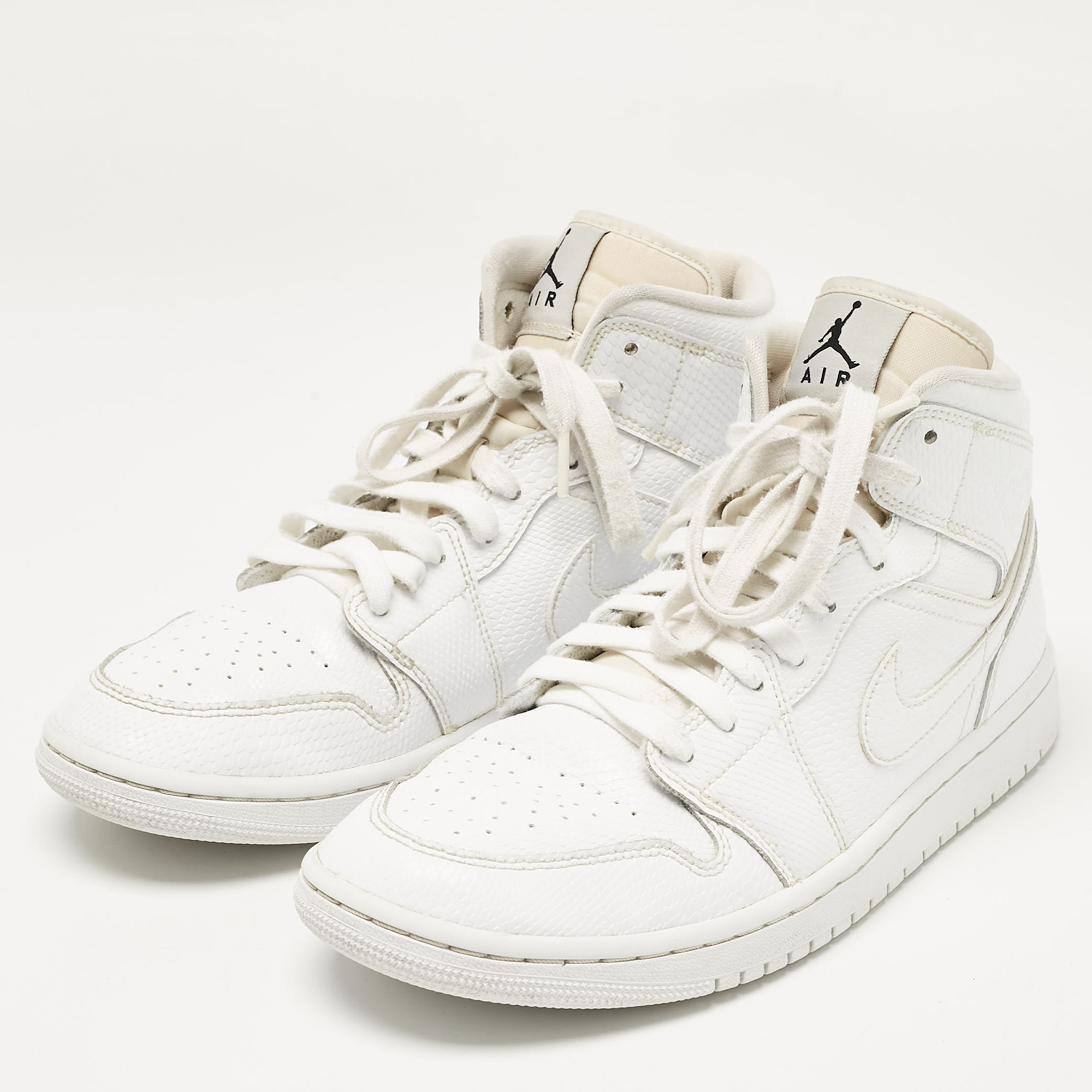 Air Jordans White Snakeskin Embossed Leather Jordan 1 Mid Sneakers Size 42