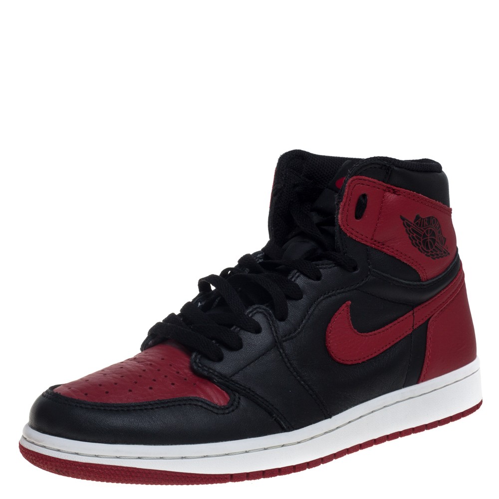 Nike Black/Red Leather Air Jordan 1 Retro High Top Sneakers Size 42.5