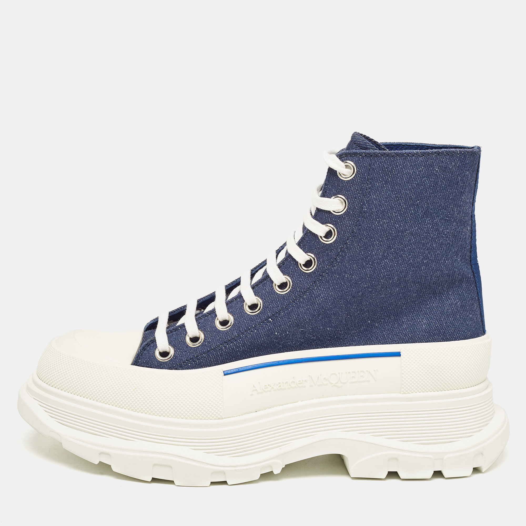 Alexander mcqueen blue denim tread slick high top sneakers size 40.5