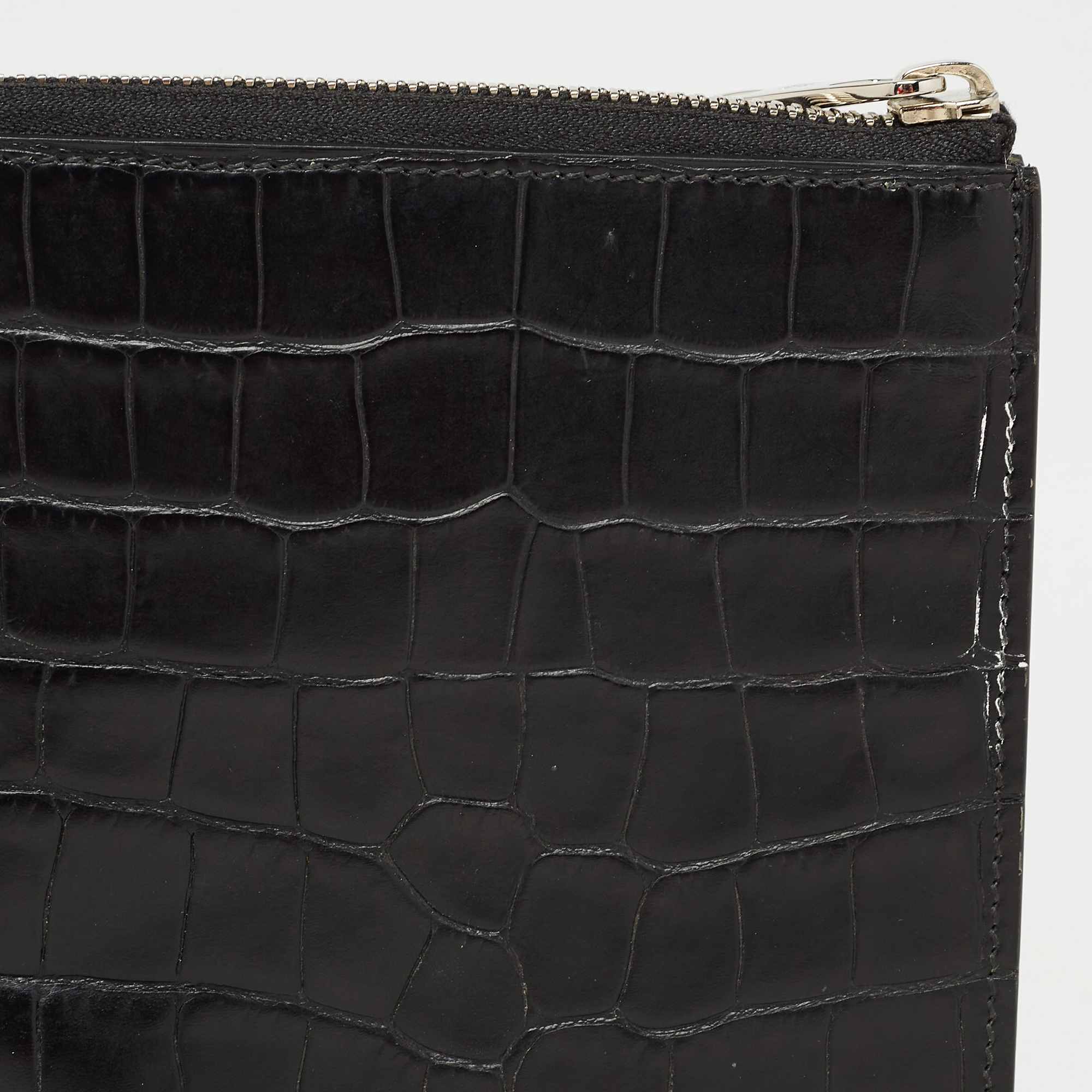 Alexander McQueen Black Croc Embossed Leather Zip Around Pouch