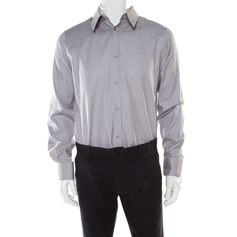 Image of Alexander McQueen Grey Textured Cotton Eyelet Embroidered Collar Shirt XL