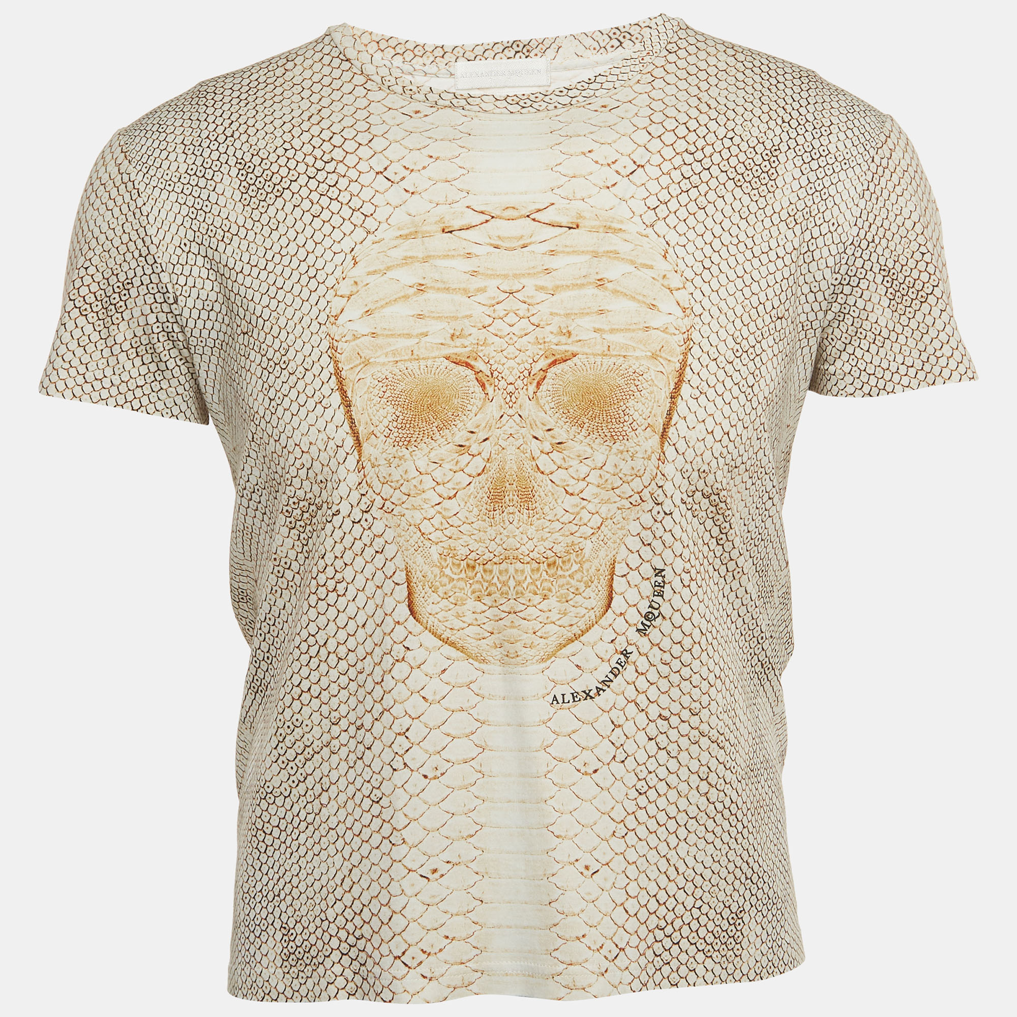 Alexander McQueen Cream Snake Print Skull Front Cotton Half Sleeve T-Shirt S