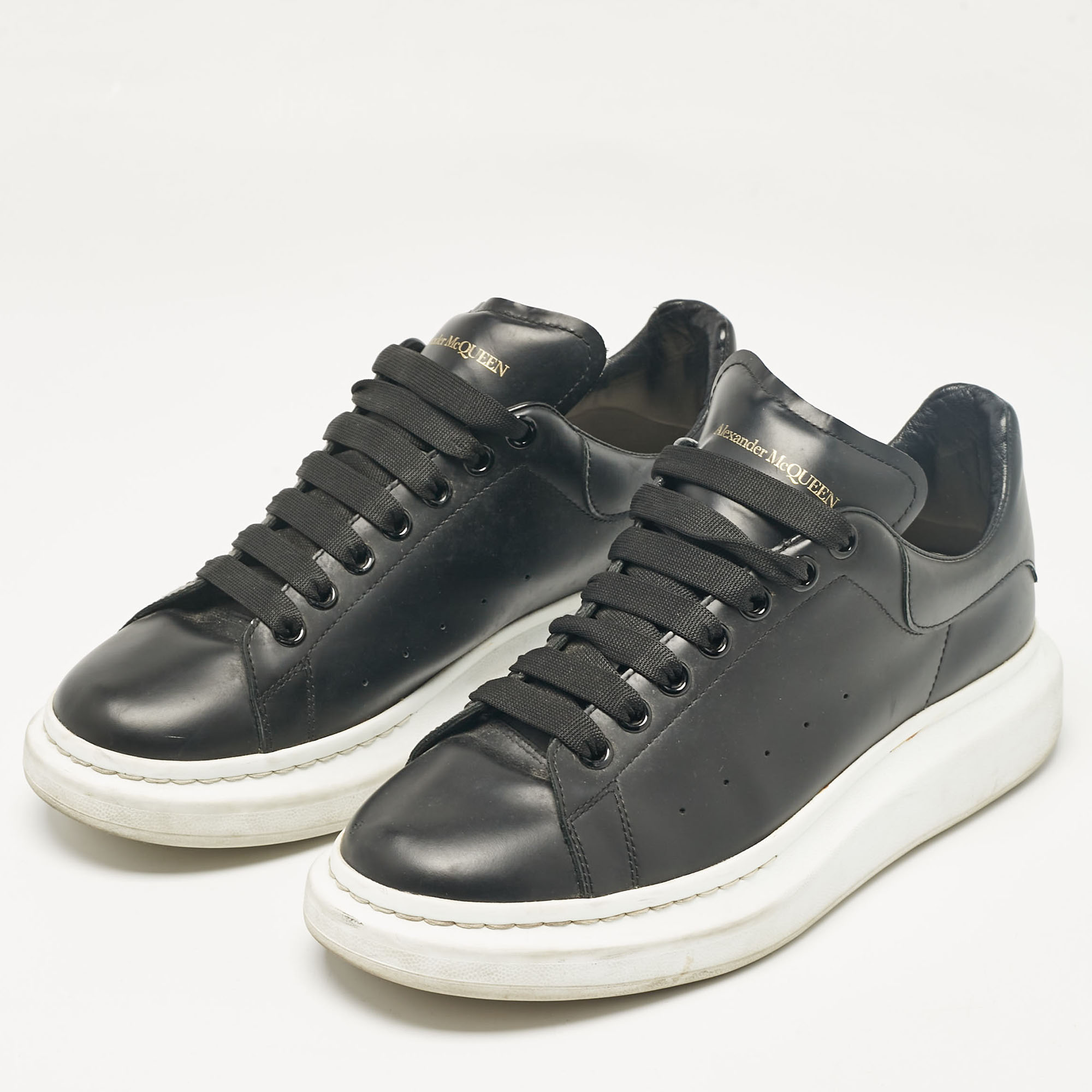 Alexander McQueen Black Leather Oversized Lace Up Sneakers Size 44.5