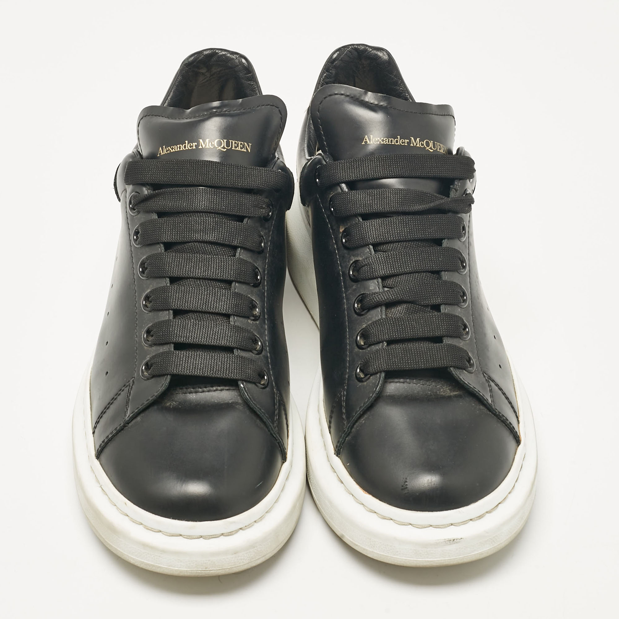 Alexander McQueen Black Leather Oversized Lace Up Sneakers Size 44.5