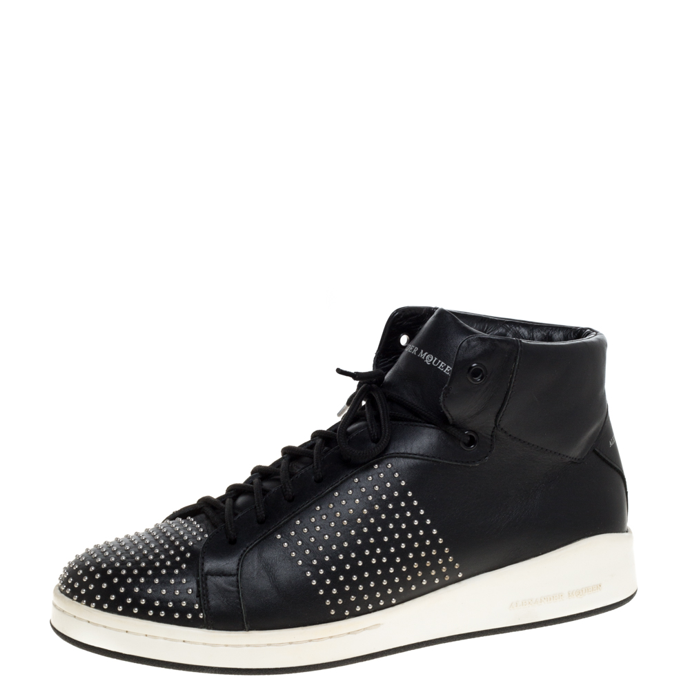 Image of Alexander McQueen Black Leather Studded High Top Sneakers Size